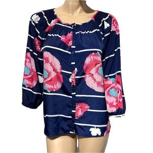 Yumi Kim Floral Blouse Top Smoked Neck Button Navy Pink Women’s Size L Large